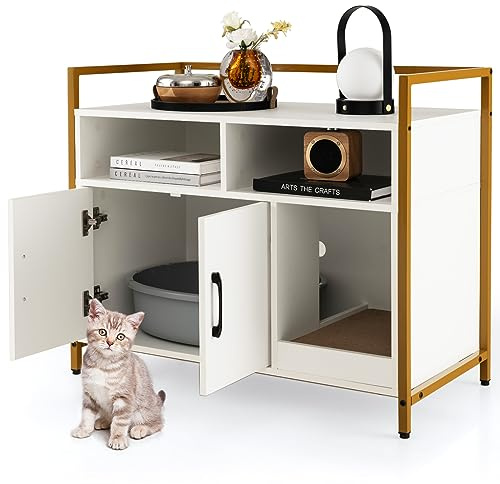 GYMAX Casetta per Gatto, Mobile Lettiera per Gatti, con Robusto Telaio in Metallo, Tiragraffi, Scaffali di Stoccaggio in Legno, Stile Industriale, 89 x 45 x 74,5 cm (Bianco)