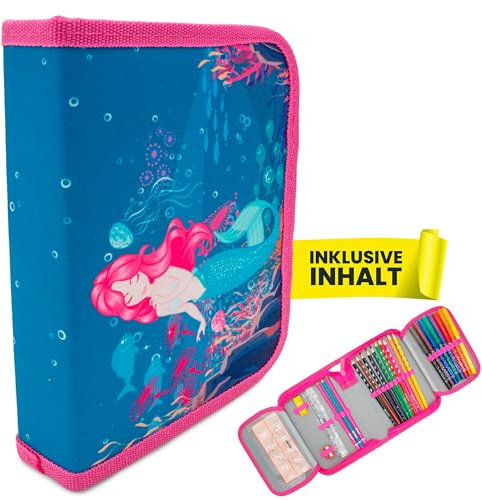 itenga Schüler-Etui 28 teilig gefüllt 1-Zipper Federmäppchen für Jungen und Mädchen (Meerjungfrau)