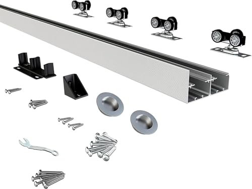 JUBEST Bypass Door Hardware 152cm, Aluminum Sliding Closet Door Hardware Set with Finger Pull Included, Smoothly and Quietly, for 2 Door System, Fit Door Thickness 3.5cm to 4.4cm, Easy to Install