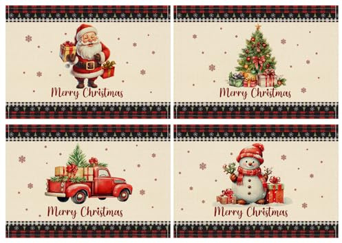 AFXXE Platzset Weihnachten, Tischset Weihnachten Abwaschbar, Platzdeckchen Winter 30x45cm, Farbenfroh Weihnachtsmotiv Platzsets 4er Set, Tischsets Weihnachtsmotiv Stoff Genutzt für Tischdeko(Filmstil)