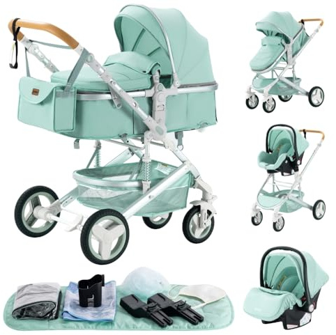 GLOKID Carrito bebé 3 Piezas, Carro, Carrito bebé 3 en 1, Silla Paseo, Sistema de viaje, Plegable, neumáticos de caucho, Con accesorios, Góndola, Adaptateurs, 25 kg (Verde)