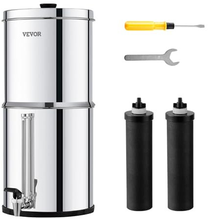 VEVOR Système de Filtration d'Eau par Gravité 8,5 L, Filtre à Eau par Gravité Réduction du Plomb et jusqu'à 99% du Chlore, en Inox 304, avec 2 Filtres à Charbon, Robinet et Niveau d’Eau, Camping