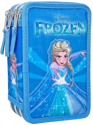 Clondo 3D Federmäppchen mit 3 Fächern für Mädchen, für Frozen Die Eiskönigin Fan, dreifach gefüllt, 44 Schulzubehör, 3 Reißverschlüsse, 20 cm, Lineal, Buntstifte, Filzstifte, ELSA