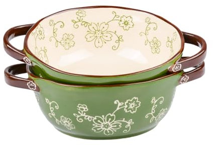 MYKAGS 2 Pcs Ceramic Soup Bowls, 22 Ounces Porcelain Bowl Set, Double Section Hollow Handles, Large Ceramic Crocks for Fruit, Stews, Pasta, Salads, Cereals, Pot Pie (Green)