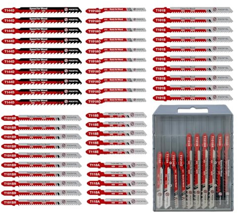 FOCSTOL Set di Lame per Seghetto Alternativo - 50 Pezzi HSS/HCS Lame per Aeghetti Alternativi con Codolo a T per Taglio Metallo, Legno, Plastica (T118A,T118B,T101AO,T101B,T101BR,T144D)