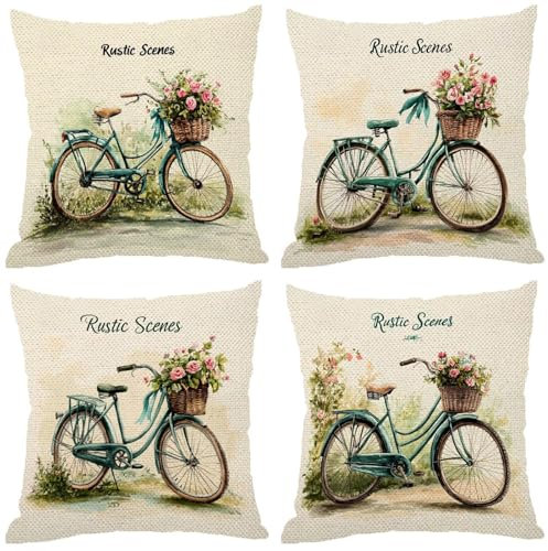 Fodere Cuscini da Esterno Impermeabili, Bicicletta Federe Cuscini Divano 30x30 Quadrate Set di 4, Doppia Faccia Stampa Lino Cushion Covers Retro Cerniera Invisibile per Room Decor, Regalo Donna Z-408