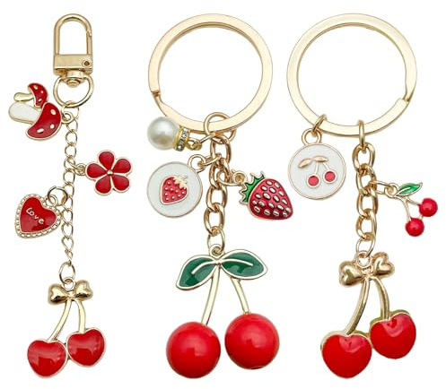 Mecmbj Schlüsselanhänger Kirsche, 3 Stück Taschenanhänger Damen, Vielseitiger, Kirsch Bag Charm aus Legierung, für Geldbörsen, Handtaschen, Geburtstagsgeschenk für Frauen