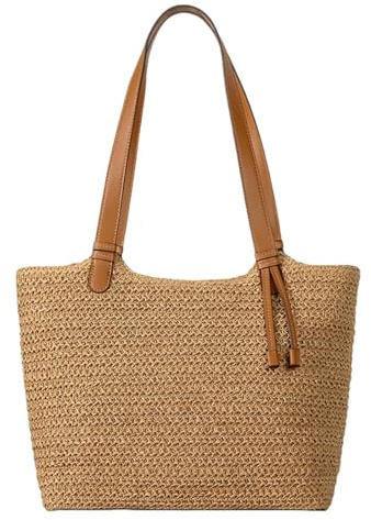 SZKCXBDB Borsa Mare di Paglia da Donna - A Spalla con Cerniera Spiaggia Estiva, in Cuoio Marrone per Viaggi, Vacanze, Shopping-Marrone