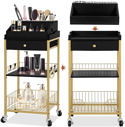 NauwaBarn Large Makeup Organizer Cart with Hair Tool Holder, Rolling Makeup Cart with Drawer, 2-in-1 Vanity Organizer Cosmetic Display Cases for Skin Care Perfume Nail Polish Brush Tools, Gold & Black