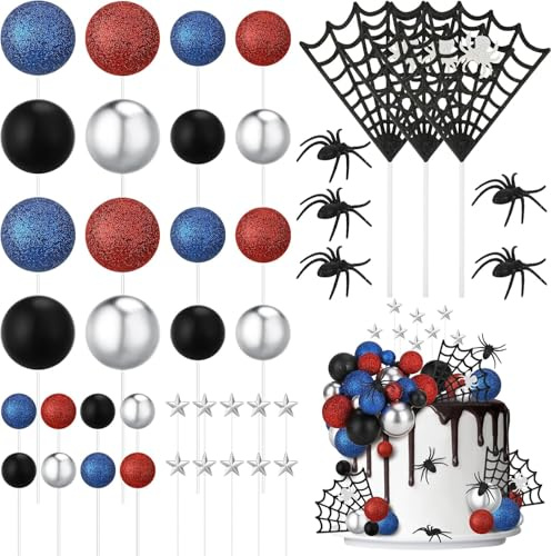 Spider Cake Topper Set, Glitter Spinnen Tortendeko Spider Kuchen Deko Happy Birthday Toppers Sterne Rot Silber Blau Kugeln Tortenaufleger für Kindergeburtstag, Thema Party (C)
