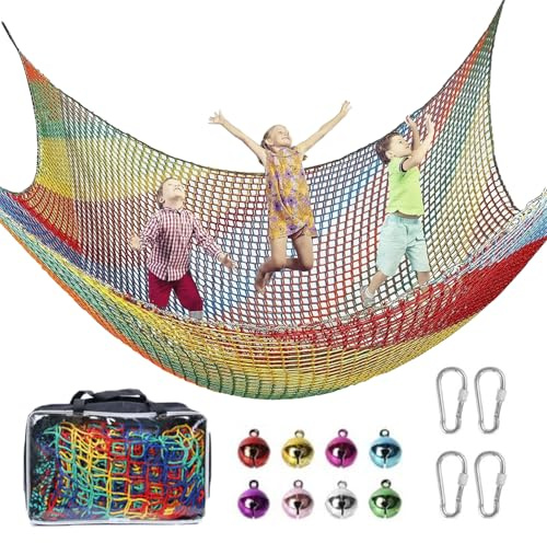 Red De Escalada para Patio De Recreo Doble Capa,2x3m Red De Seguridad,para Parques Infantiles, Casas En Los Árboles y Jardines,Incluye Bolsa De Almacenamiento,4 Ganchos y 8 Cascabeles(del Arcoíris)