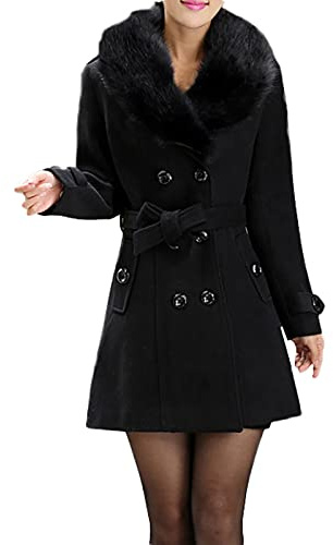 FUPODD Wintermantel Damen Lang Elegant Damen-Mäntel Winter Fellkragen Warm Wollmantel Zweireihig Winterjacke Mittellang Wolle Mantel Mit Gürtel Trenchcoat Frauen Pelzkragen Damenmantel Mit Taschen
