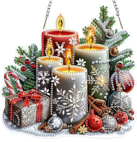 MOGTAA Weihnachten Diamond Painting Anhänger, Weihnachten Kerzen Diamond Painting mit Kette Kinder Erwachsene, Diamant Painting Fensterbilder, Hängende Ornament Bastelset Set für Wand Decor