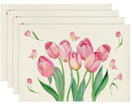 Artoid Mode Rosa Blumen Tulpen Frühling 4er Set Platzsets, 30x45cm Saisonnal Küche Tisch Dekoration Drinnen Urlaub Party Dekor