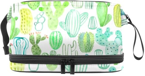 VAPOKF Watercolor Cactus Cosmetic Bag for Women and Girls, Travel Toiletry Bag Makeup Handy Pouch Organizer Bag with Brush Compartment