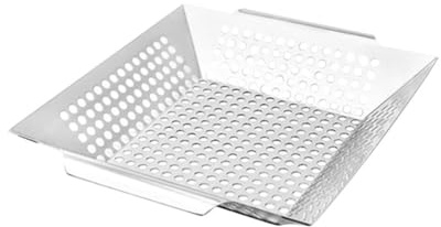 VICASKY Poêle à Griller Barbecue INOX 20 Cm Carré pour Légumes Et Viande, Vidange Huile Intégrée, Plat Robuste Extérieur Jardin Camping, Cuisson Résistante Haute Température