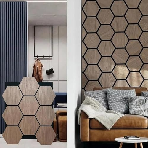 Luvon Hexagon Wood Acoustic Wall Panels – Sound-Absorbing Decorative Wooden Panelling with Felt Back – Easy DIY Installation Set of 4 (65.5cm x 80 cm x 2cm) (Walnut)