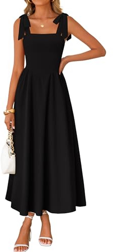 ZESICA Women's Summer Spaghetti Strap Maxi Dress 2026 Tie Shoulder Square Neck Flowy Wedding Guest Party Beach Long Dresses,Black,Medium