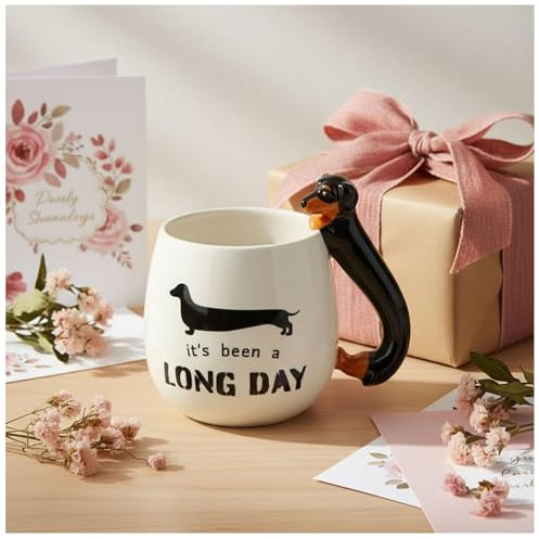 Dachshund Mug Funny Ceramic 3D Sausage Dog Coffee Cup with Black & Tan 3D Handle, 'It's Been a Long Day' Novelty Dog Theam Ceramic Coffee Mug Tea Cup for Dogs Lover (A01)