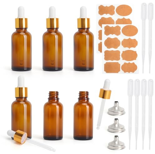 XRVRILE 6 stycken pipettflaskor, 30 ml apoteksflaska, glas med pipett och etikett, brun glasflaska, droppflaska för eterisk olja, parfymoljor, aromaterapi, dofter, vätska