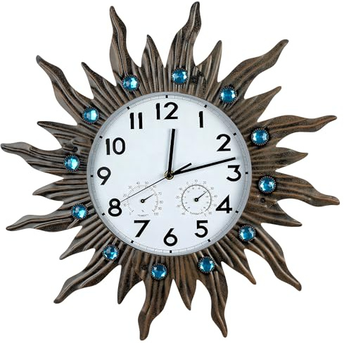 Fastruggle Garten-Außenuhren mit Thermometer- und Hygrometer-Kombination, geräuschlos, kein Ticken, Outdoor-Wanduhren, wasserdichte Outdoor-Uhren, Vintage-Kupfer-Sonne, 47,7 cm