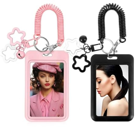 Lahkvor 2 Stück Kartenhalter mit Einziehbarer Stern-Schlüsselanhänger, Fotokartenhalter Schwarz & Rosa mit Jojo, Transparente Ausweishülle für ID-Karte, Buspass & K-Pop Fotokarten