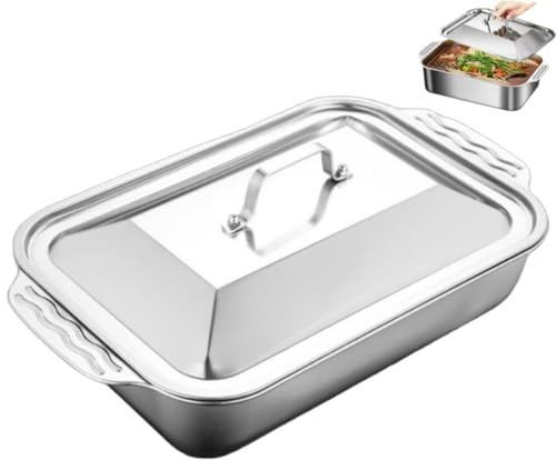 Modivira Stainless steel Roasting Pan Fish Roaster Pan with Handle and Lid Broiling Plate Serving Platter for Home Kitchen BBQ Cooking Restaurant (A,L 17.72 Deep 2.95)