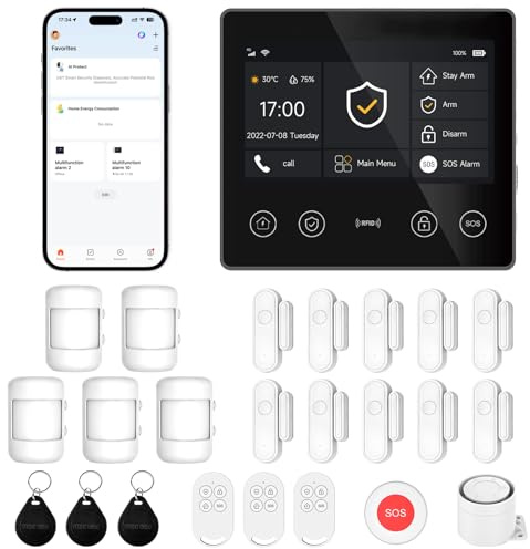 XUK Alarme Maison sans Fil 4G + WiFi, Kit Alarme sans Abonnement | Écran tactile 4,3, détecteurs d'ouverture et de mouvement inclus, application Tuya Smart, compatible Alexa & Google