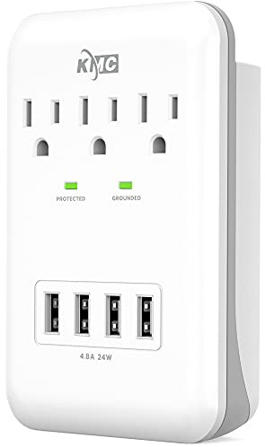 KMC 3-Outlet Wall Mount Surge Protector, 900 Joules, 4 USB 4.8 AMP USB Charging Ports, Phone Holder Cradle for Home, School or Office, ETL Certified