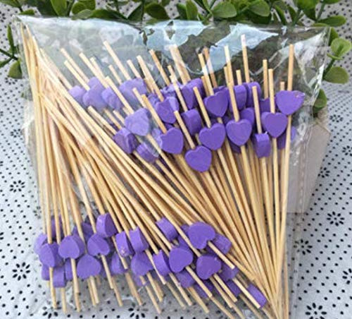 AILEXI Palos De CÓCtel 100 Cuentas Palillos De Madera Suministros Para Fiestas Volantes Comida Para Comer Frutas Bocadillos Bocaditos - Corazones Morados