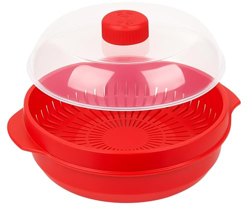 Microwave Steamer for Vegetables, Fish, Poultry & Rice – BPA-Free Healthy Oil-Free Cooking Container – Red – Dishwasher & Freezer Safe