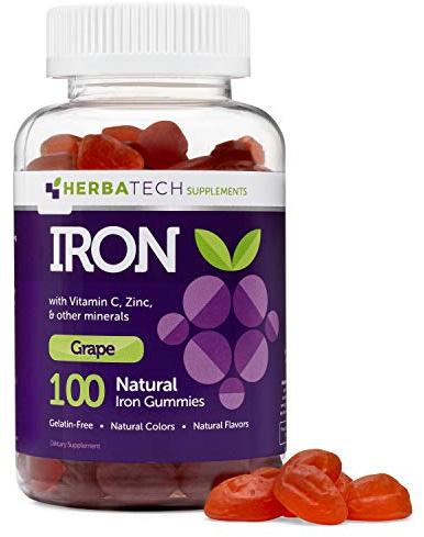 Iron Gummies for Adults and Kids, Chewable Multivitamin Supplement with Iron, Vitamin C, A, B, Zinc, Folic Acid, and Biotin (Grape Flavored) Vegan Safe, Made in the USA from HERBATECH