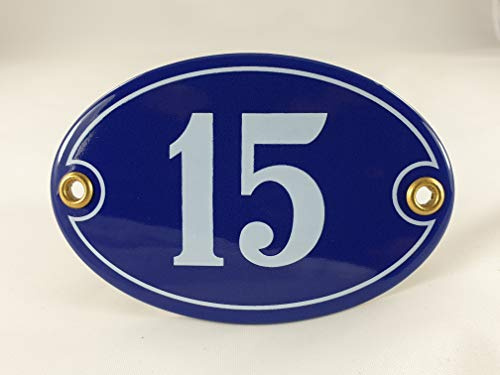 Emaille Hausnummer Schild Nr. 15, oval, Blau-Weiß Handarbeit