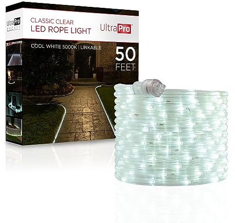 UltraPro LED Rope Lights, 50ft Classic Clear Rope, Cool White Light 5000K, Indoor/Outdoor, Flexible, Linkable, Durable, Rope Lights Outdoor, 54846