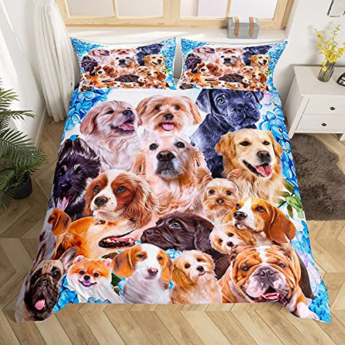 Feelyou Dog Comforter Cover Kids Cute Cartoon Dogs Duvet Cover for Boys Girls Pet Puppy Animal Design Bedding Set Lovely Pug Bulldog Collage Pattern Bedspread Cover Bedroom Collection 2Pcs Twin Size