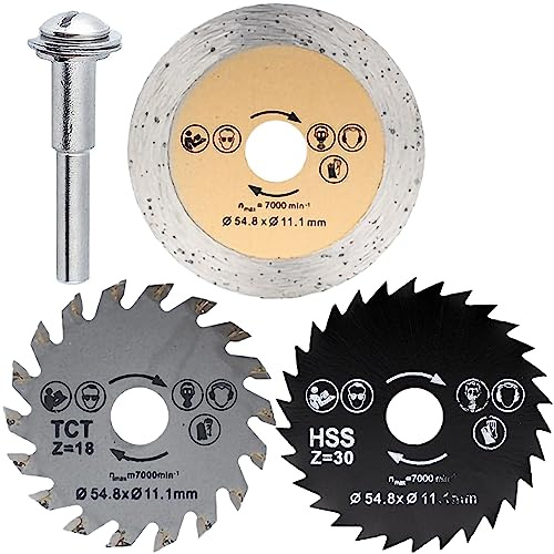 KEWAYO Metall-Trennscheibe, 3 Stück, 54,8 mm, HSS-Mini-Holz-Kreissägeblatt, Schneidblatt, Drehwerkzeug + Spanndorn