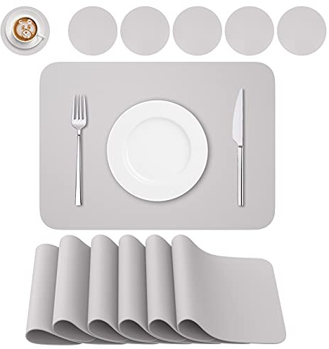 BANNIO Juego de 12 Mantel Individual,6 PVC Antideslizantes Manteles Individuales und 6 Posavasos,Salvamanteles Individuales Lavables Antimanchas,41x31cm para Restaurantes,Cocinas (Gris Claro)