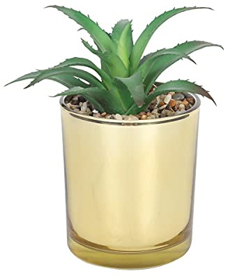 Sleepdown Halo Green Aloe Vera Leaf Gold Pot Artificial Faux Plant for Home Office Bathroom Decor Indoor Decoration Aesthetics, Green Aloe Vera Pot - 888, Small