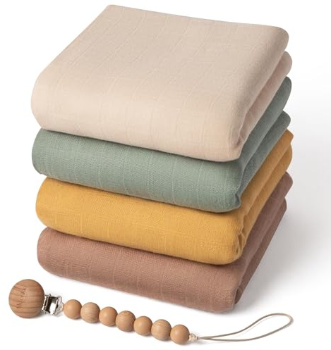 Moonkie Baby Muslin Babyfilt 4-Pack, Bambu & Bomull 120x120 cm, Nyfödd Babysvadd, Ultramjuk och Andningsbar, OKEO-Tex-Certifierad (Aprikos/Grön/Gul/Kaffe)