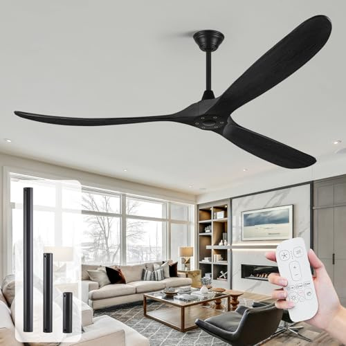 YZEENM Black Ceiling Fan No Light 52 Inch Modern Indoor Outdoor 3 Blades Moisture-Proof Wood Ceiling Fan with Remote Control 6 Speed Inverter Silent DC Motor Farmhouse Ceiling Fans for Patios