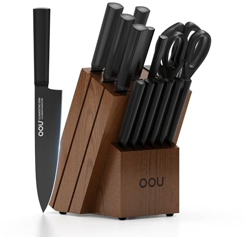 OOU Kitchen Knife Block Set - 15 Pieces High Carbon Stainless Steel Chef Knife Sets, Anti-Rust Black Knives Set with Built-in Sharpener Block, Brown