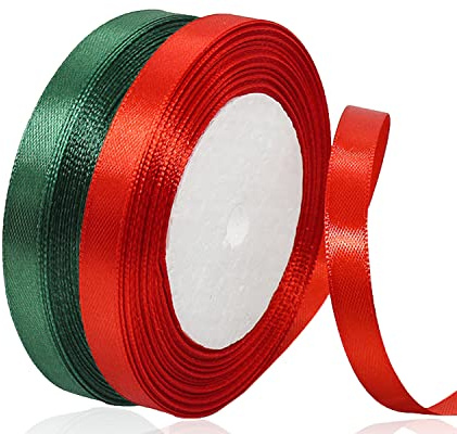 Geschenkband Weihnachten 10mm Rot und Grün Xmas Satinband 2 Rollen/45 Meter Schleifenband Stoffband für Geschenkverpackung, Weihnachtsbaum Dekoration, Weinachts Dekoration