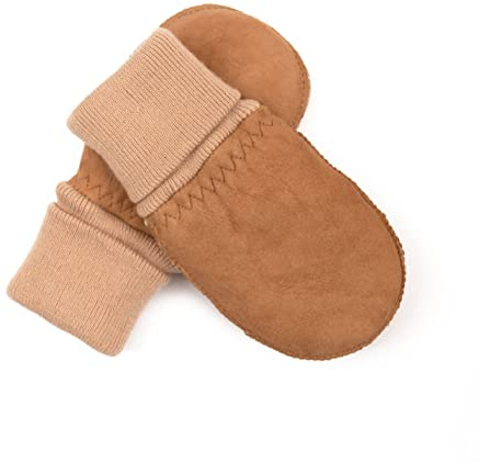 Hand Gewand by Weikert MUCKEL Mitaines en peau de mouton pour bébé/tout-petit avec ceinture en tricot pratique, tannage durable, gants en peau de mouton pour tout-petits, naturel, Taille Unique