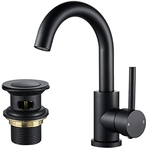 NewEast Basin Mixer Tap with Pop up Waste and Swivel Spout, Modern Black Brass Single Lever Bathroom Sink Tap Mixer