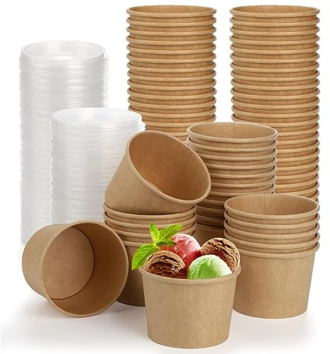 Lyellfe 100 Pack Paper Bowls with Lids, 8 Oz Heavy Duty Kraft Paper Bowl, to Go Soup Container Dessert Cups for Ice Cream, Yogurt, Cold and Hot