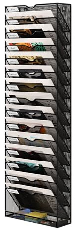 Senhoglb 16 Fächer zeitungshalter Wand Metall A4 Zeitschriftenhalter Wand Dokumentenablage Hängeregister Zeitschriftenständer Flyerhalter Prospektspender mit 15 Fächern und 1 Tablett, Schwarz