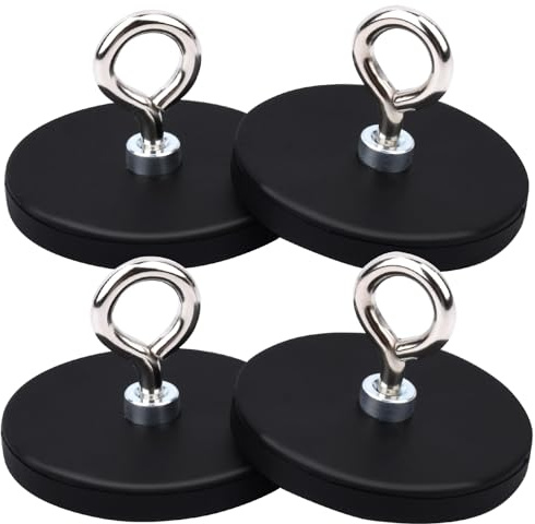 MIN CI Neodym Magnete Haken Stark Groß, 4 Stück Rund Magnet mit Gewinde D43x6mm M4 Magneten Schraubbar Seltenerdmagnet Magnete mit Loch Gummiert Magnete zum Anschrauben Topfmagnet