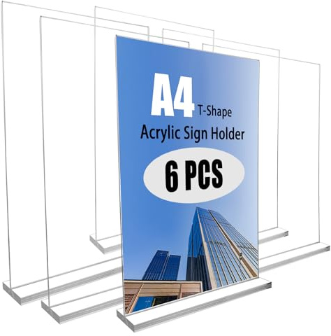 Swanaryo A4 Acrylic Sign Holder, 6 Pack T-Shape Double-Side Display Stand, Clear Document Menu Poster Holder for Office, Shop, Home, Restaurants