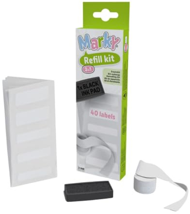 KIT MARKY - Kit di ricarica 3 in 1 per timbro personalizzato per bambini | Cuscino d'inchiostro, nastro termoadesivo ed etichette extra | Espandi la versatilità del tuo timbro per bambini Marky