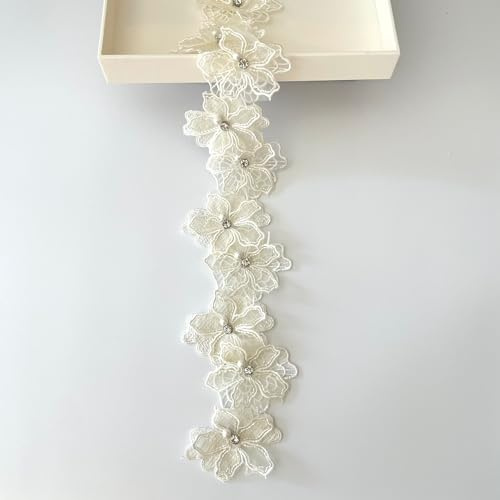 BuySK 3D-Blumenspitzenbordüre, Perlen, bestickt, Spitzenbordüre, Stoff, Blumenapplikationen, Spitzenband, handgefertigt, DIY-Nähzubehör, Handwerk für Kostüm, Hut, Dekoration, Gelb, 2 Meter